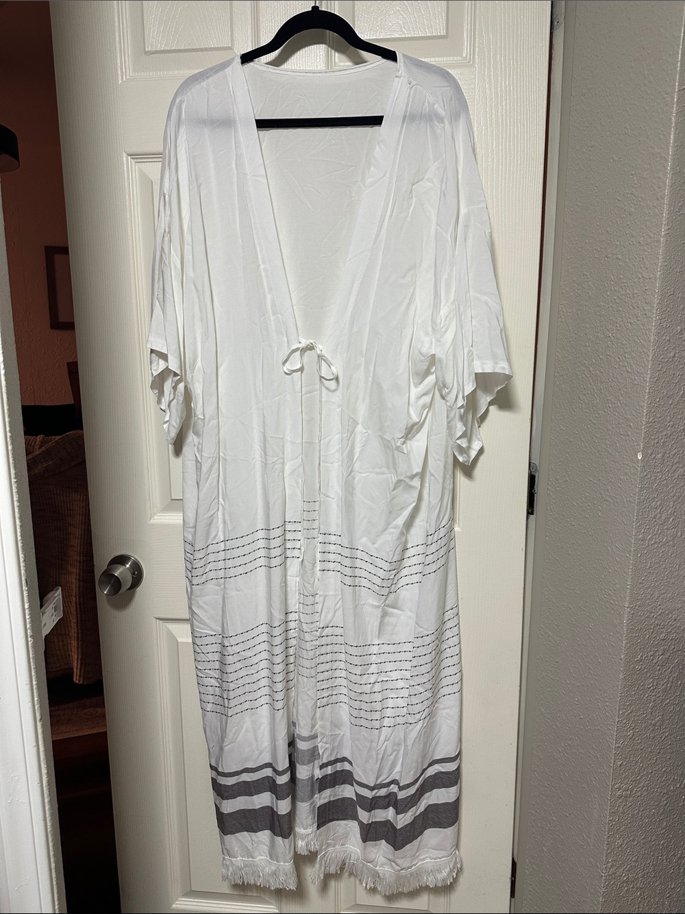 White Fringe Hem Kimono Cover-Up